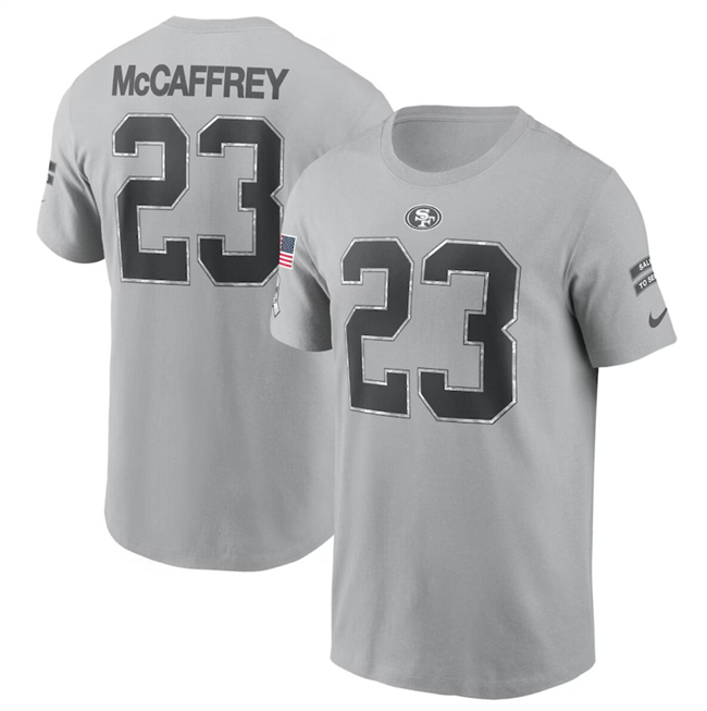 Men's Gray San Francisco 49ers #23 Christian McCaffrey 2024 Salute To Service Name & Number T-Shirt